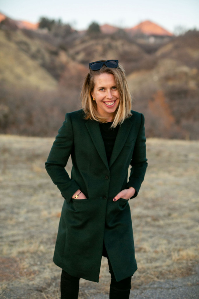 Green Joseph coat and black jeans