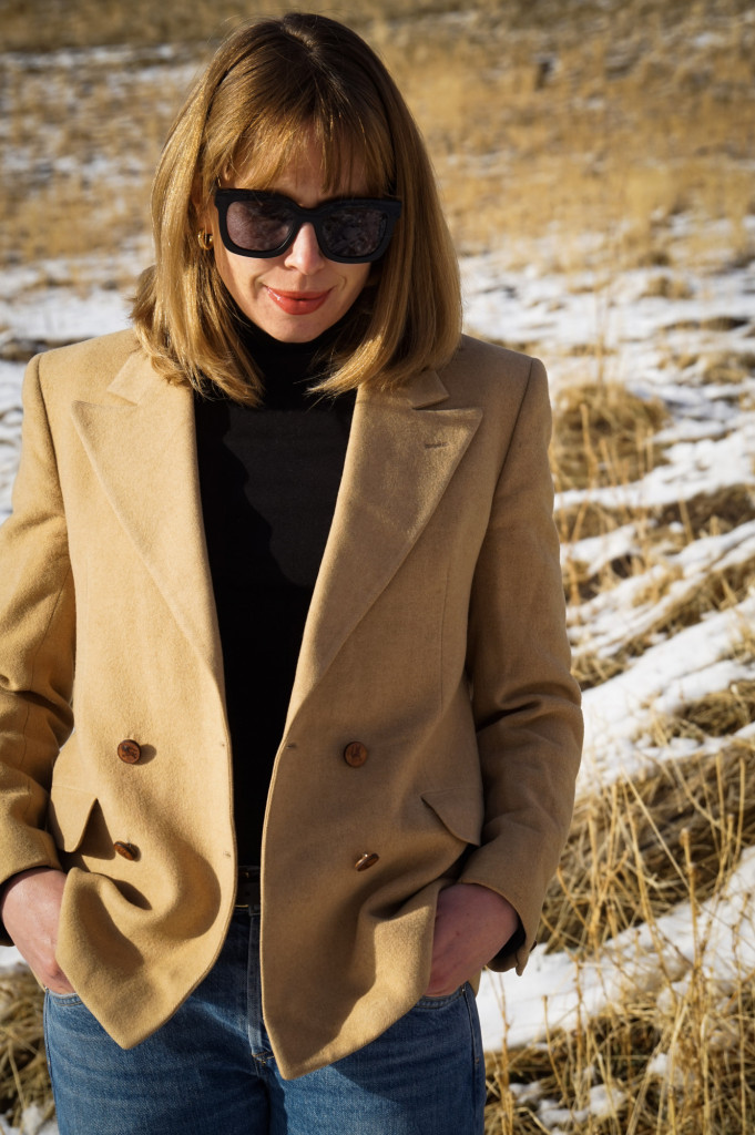 Burberry Camel Blazer and Black Turtleneck